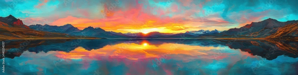Fototapeta premium Colorful mountain lake sunset reflection