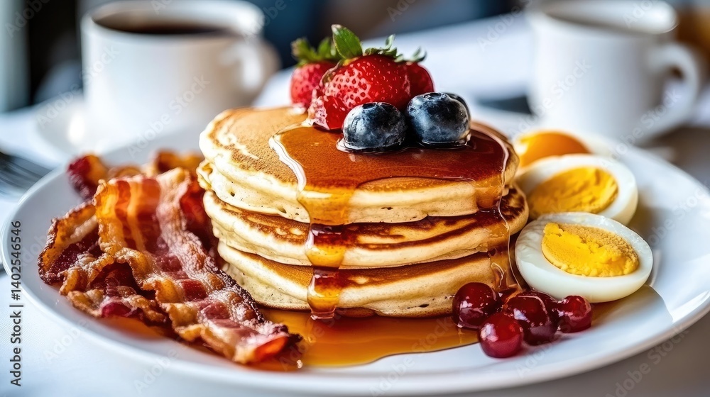 Delicious Stack of Pancakes with Fresh Berries and Bacon Breakfast Delicious Stack of Pancakes with Fresh Berries and Bacon Breakfast