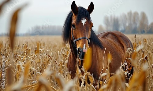 Brown Horse Grazing in a Golden Cornfield Under a Cloudy Sky in Rural Countryside during Autumn Season