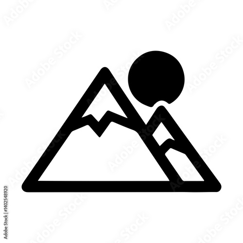 Mountain and sun silhouette icon, minimalist black and white landscape symbol for nature, travel, or outdoor adventure design
