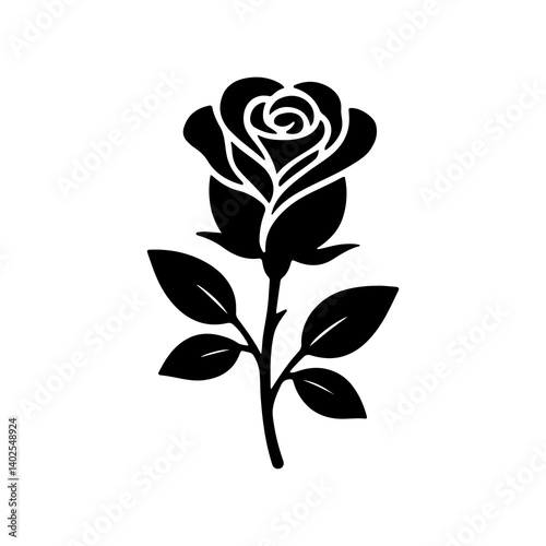 Black rose silhouette icon on white background, elegant floral tattoo design or decorative botanical element
