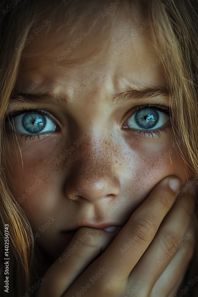 Indoor portrait with normal lighting on subject, soft overlay of face covering eyes in fear or worry added beside Indoor portrait with normal lighting on subject, soft overlay of face covering eyes in fear or worry added beside