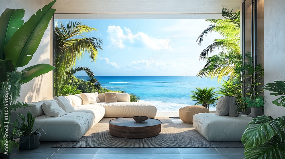 Fototapeta premium modern home interior design with cozy lounge ocean view vibrant color palette lush plants serene atmosphere contemporary decor and residential relaxation concept