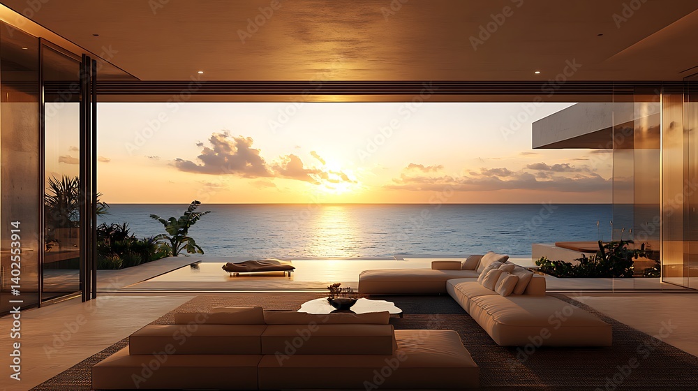 Fototapeta premium luxurious modern living room with breathtaking ocean view and soft sunset lighting designed for comfort relaxation and elegant contemporary home interior style