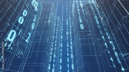 Low poly smart city 3D wire mesh. Intelligent building automation system business concept. Binary code number data flow