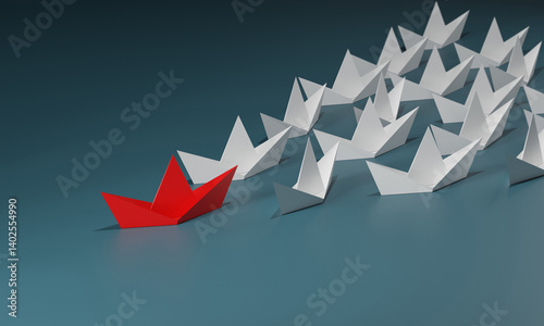 Different business concept. Red paper boat changing direction from white paper boat. new ideas.