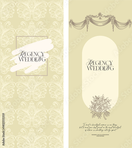 Vertical pre-made Bridgerton style backgrounds - aesthetic, whimsical hand drawn line art style for wedding designs in soft pastel colors. Digital stylization of the Regency era. Vector