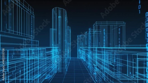 Low poly smart city 3D wire mesh. Intelligent building automation system business concept. Binary code number data flow