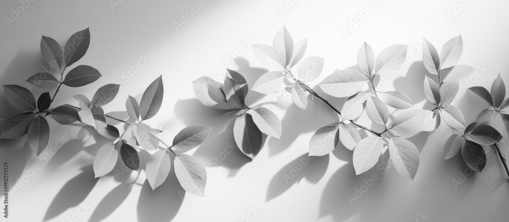 Monochrome leaves, sunlight, white background, nature, botanical design Monochrome leaves, sunlight, white background, nature, botanical design