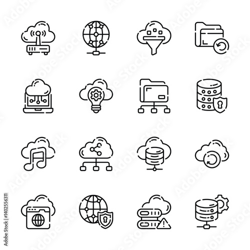 Easy to edit pack of cloud storage and hosting line icons