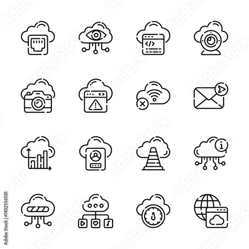 Creatively designed set showing linear web hosting and cloud icons