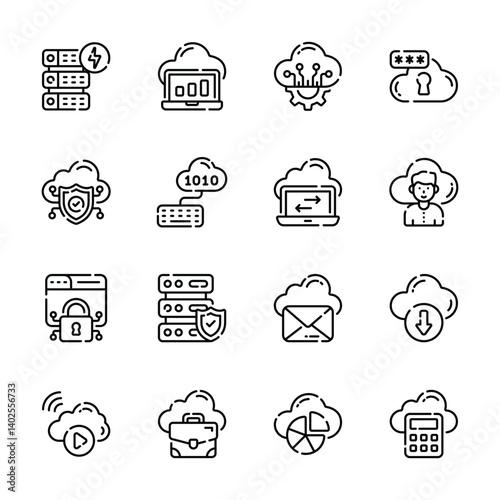 An outline collection of cloud technology icons, ready for premium use