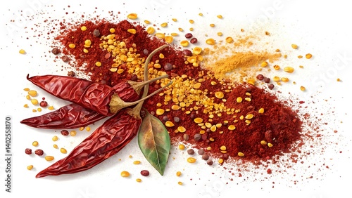 crushed red chili pepper and powder spices on white background