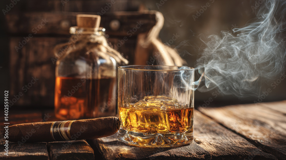 glass of whiskey with ice sits wooden table, accompanied by cigar and bottle of liquor, creating warm and inviting atmosphere glass of whiskey with ice sits wooden table, accompanied by cigar and bottle of liquor, creating warm and inviting atmosphere