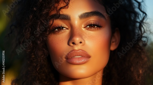 Stunning portrait of a woman with curly hair, glowing skin, and expressive eyes captured in warm sunlight during golden hour