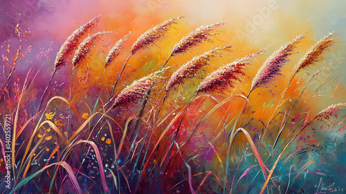 enchanting allure of autumn's grasses, bedecked with glistening dew drops, encapsulates resplendent hues of season, accompanied by crispness of morning breeze and colorful grace of nature's transforma