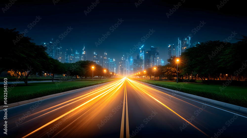 Night cityscape with light trails on a highway