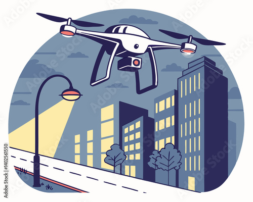 Drone flying over city skyline at night  
