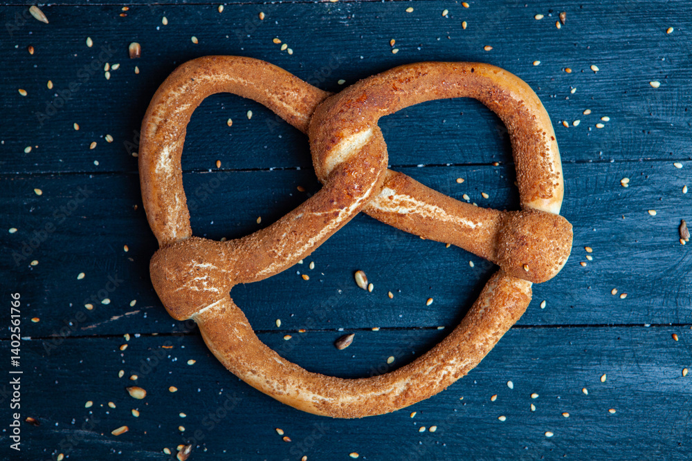 Fresh prepared homemade soft pretzels. Different types of baked pretzels with seeds on a black background
