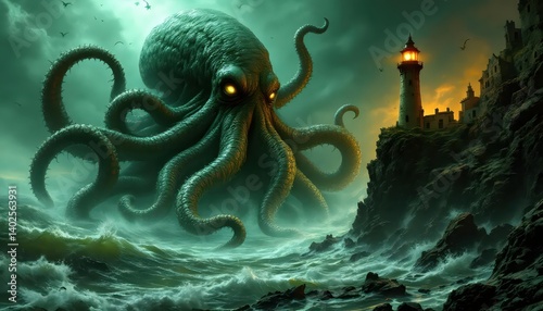 Giant Kraken Attacks Lighthouse Dark Fantasy Art