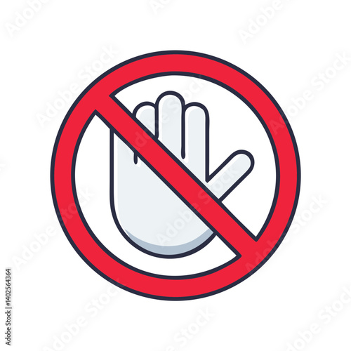 Stop Sign Icon with Hand Gesture in Circular Red Emblem  