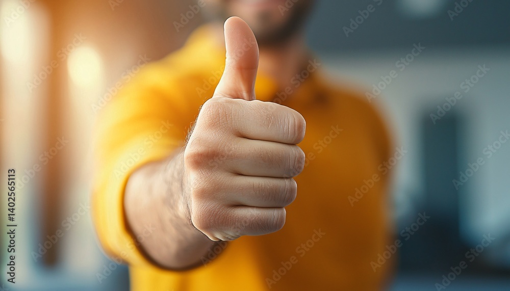 Person Giving Thumbs Up Gesture in Yellow Sweater with Blurred Background Expressing Positive Emotion and Approval