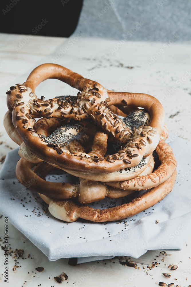 Fresh prepared homemade soft pretzels. Different types of baked pretzels with seeds on a black background