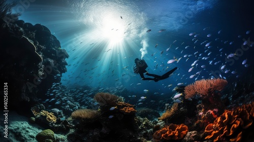 Wallpaper Mural Underwater Diver Exploring Vibrant Coral Reef with Sunbeams Torontodigital.ca