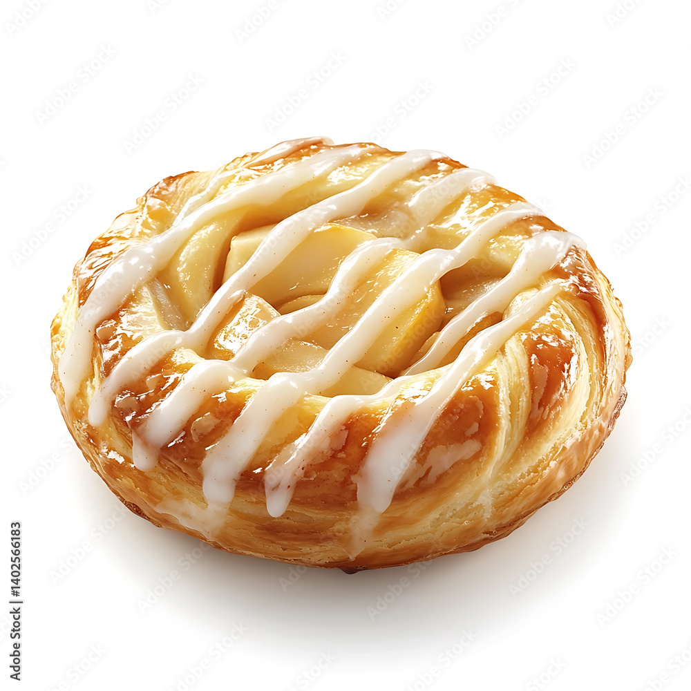 Fototapeta premium A freshly baked apple danish with a golden flaky crust, soft filling, and a drizzle of sweet icing