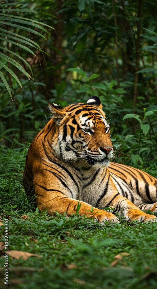 Obraz premium Majestic Tiger resting calmly amongst lush green foliage in a jungle environment, side view. Powerful big cat wildlife wallpaper.