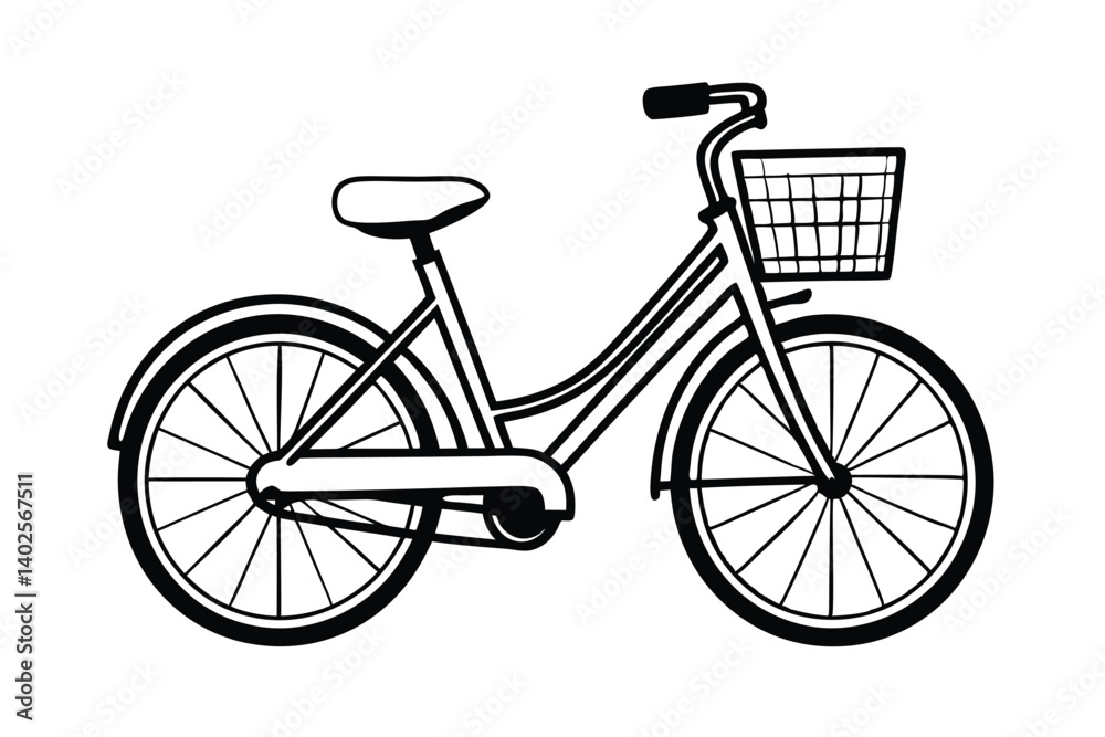 Classic Bicycle Illustration Black and White, Simple Design, Basket Classic Bicycle Illustration Black and White, Simple Design, Basket