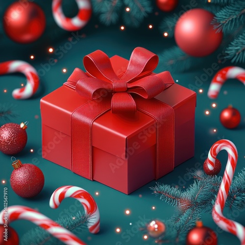 Modern Christmas Gift Box with Candy Canes and Festive Decorations in Vibrant Colors