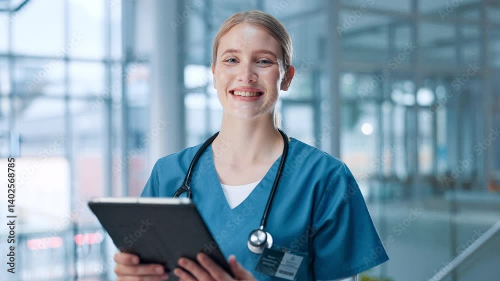 Face, healthcare and tablet with nurse in hospital for review of information or records. Medical, stethoscope and telehealth with medicine professional in clinic for diagnosis, feedback or results