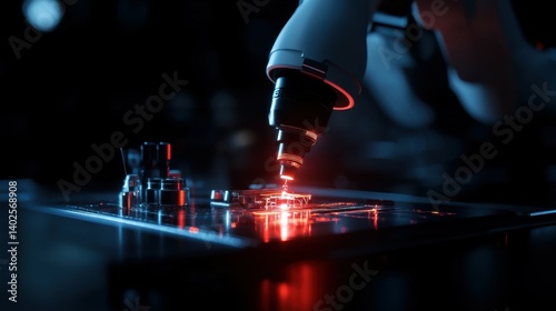 A robotic arm assembling high-tech gadgets in a futuristic factory