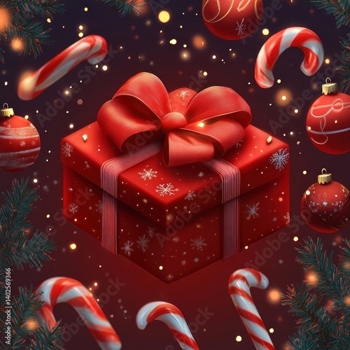 Christmas Gift Box with Candy Canes and Ornaments Glowing Decoration Elements