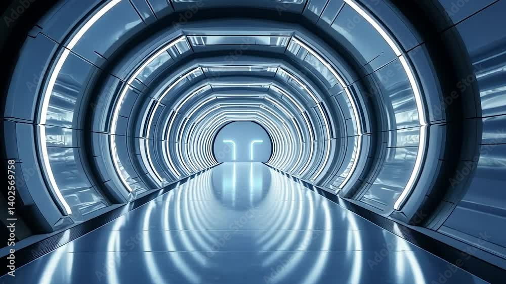 Futuristic Blue Corridor: A Sci-Fi Tunnel with Glowing Lights and Reflective Floor