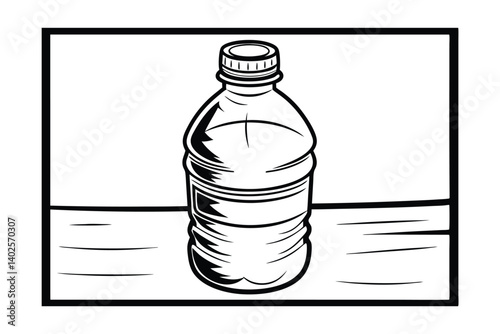 Line art illustration of a partially filled plastic water bottle on a surface. The bottle has a screwing cap and a blank label. Simple, clean design.