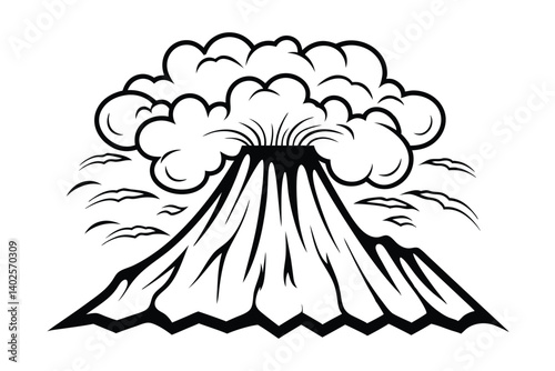 Volcanic Eruption Black and White Illustration of Fiery Mountain