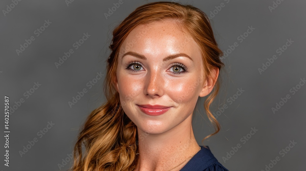 Fototapeta premium Red-haired model confidently poses in a navy shirt against a smooth grey backdrop during a professional shoot