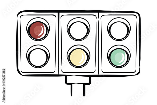 Triplelane traffic signal, red, yellow, green lights illustration