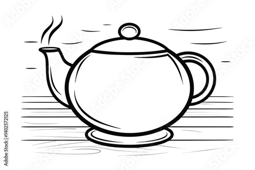 Simple Black And White Teapot Illustration With Steam On Wooden Tabletop,Perfect For Tea Time Or Kitchen Decor Concepts