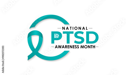 National PTSD Awareness Month is june. Health awareness vector. Realistic ribbon, Human and brain icon. Educate the public about post-traumatic stress disorder. Banner and background design template.