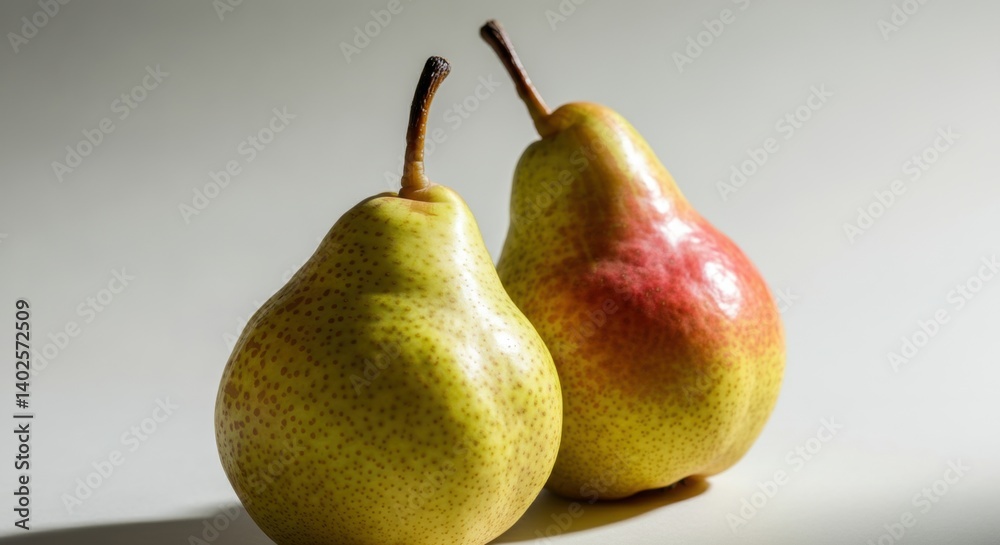 Two ripe pears with speckled skin on light background Two ripe pears with speckled skin on light background