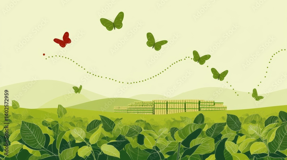 Obraz premium Soybean tariff impact metaphor with price tag butterflies, flat design infographic on agricultural trade economics