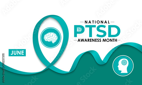 National PTSD Awareness Month is june. Health awareness vector. Realistic ribbon, Human and brain icon. Educate the public about post-traumatic stress disorder. Banner and background design template.