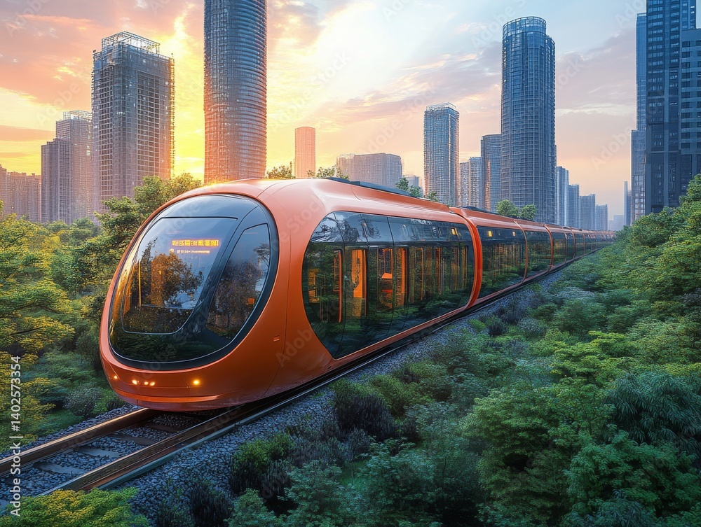 Naklejka premium Futuristic Orange Train Gliding Through Lush Greenery Against a Cityscape at Sunset, a Vision of Sustainable Urban Transportation and Modernity.