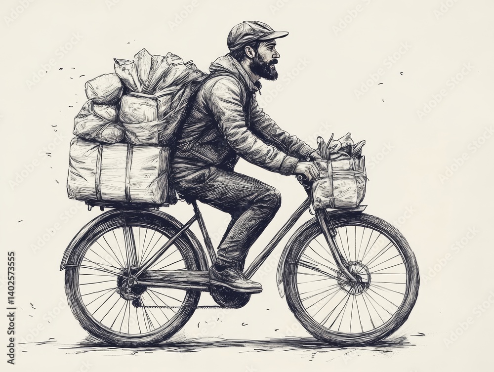 Obraz premium Man on Bicycle with Heavy Load, a Sketch Style Illustration of a Delivery Person on a Vintage Bike Delivering Goods