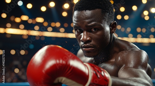 Intense Boxing Match Close-Up of a Determined Athlete in Action with Dramatic Lighting and Glowing Audience Background