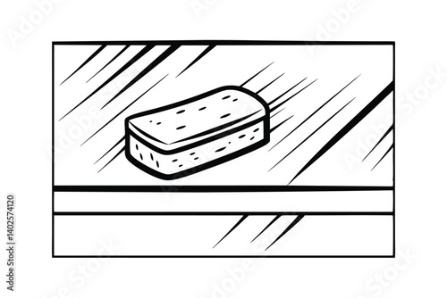 Black And White Hand Drawn Illustration Of A Cleaning Sponge On A Surface With Bold Outlines