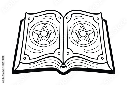 Ancient Grimoire Illustration Open Book With Pentagrams Vintage Magical Tome Black And White Outline Style Symbolic Witchcraft